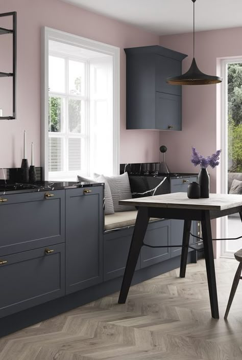 Navy Kitchen Pink Walls, Pink Walled Kitchen, Blue And Pink Kitchen Decor, Blush Pink And Navy Kitchen, Pink Blue Kitchen Decor, Pink Walls Kitchen Ideas, Blush Pink Kitchen Walls, Navy Blue And Pink Kitchen, Pink Blue Kitchen