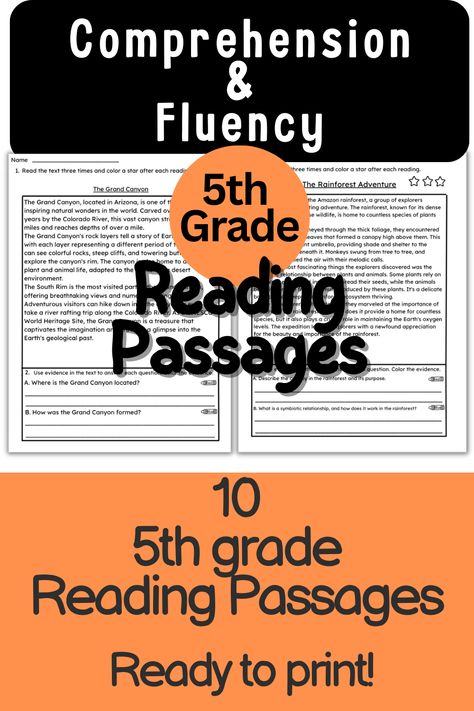 The 5th grade reading comprehension and fluency product includes 10 fiction and nonfiction passages. You can use these passages during small group instruction, or during reading centers. Two comprehension questions are included for each passage. Short Comprehension Passages 3rd Grade, Comprehensive Passages For Grade 2, Reading Comprehension Passages Grade 3, Reading Passages For 5th Grade, Cloze Passages For 2nd Grade, 5th Grade Reading Comprehension Passages, Prep Classroom, Phonics Reading Passages, Fluency Passages