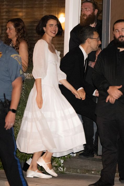 Slinky Wedding Dress, Bride Flats, Wedding Ballet Flats, Italian Wedding Cakes, Celebrity Bride, Margaret Qualley, Celebrity Wedding Dresses, Bridal Flats, Pink Wedding Dress