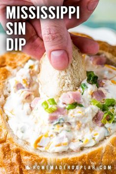 Mississippi Sin Dip! Straight from a southern kitchen, this Mississippi sin dip is the perfect party appetizer with a mix of cheese, tender ham, and fresh green onions that's baked in a large round loaf of hollowed-out bread. | HomemadeHooplah.com Mississippi Dip, Ham Dip, Mississippi Sin Dip, Sin Dip, Bread Bowl Dip, Tailgate Ideas, Saturday Cartoon, Dips Recipes, Delicious Dips Recipes