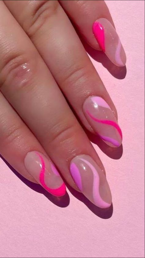 Hot Pink Nails Swirls, Pink Squiggly Nails, Hot Pink Abstract Nails, Goth Acrylic Nails, Pink Nails Trendy, Nail Art Classy, Trending Acrylic Nails, Neutral Nails Acrylic, Short Nails Gel