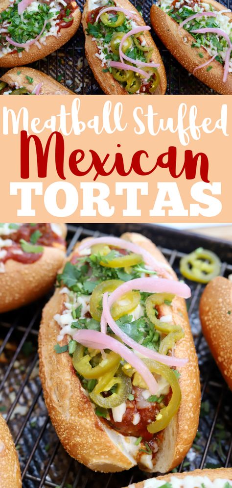 This Mexican Torta Sandwich is piled high with savory meatballs, perfectly balanced enchilada sauce, green chile crema and all the frills. Hola, flavor-town! #Mexican #Torta #Sandwich Meatball Sandwich Recipes Easy, Mexican Tortas Sandwich, Tortas Recipe, Enchilada Sauce Green, Torta Sandwich, Mexican Torta, Mexican Tortas, Sandwich Dinner, Meatball Sandwich Recipes