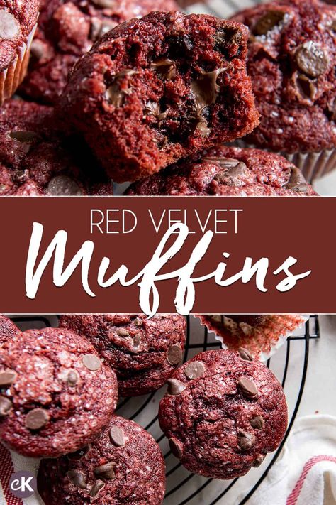 Enjoy your favorite cupcake for breakfast by swapping the frosting for melty chocolate chips in these moist and fluffy Red Velvet Muffins! Red Velvet Muffins Recipe, Red Velvet Muffin, Red Velvet Muffins, Prune Recipes, Red Velvet Desserts, Cheesecake Muffins, Breakfast Sweets, Bread Making, Red Food