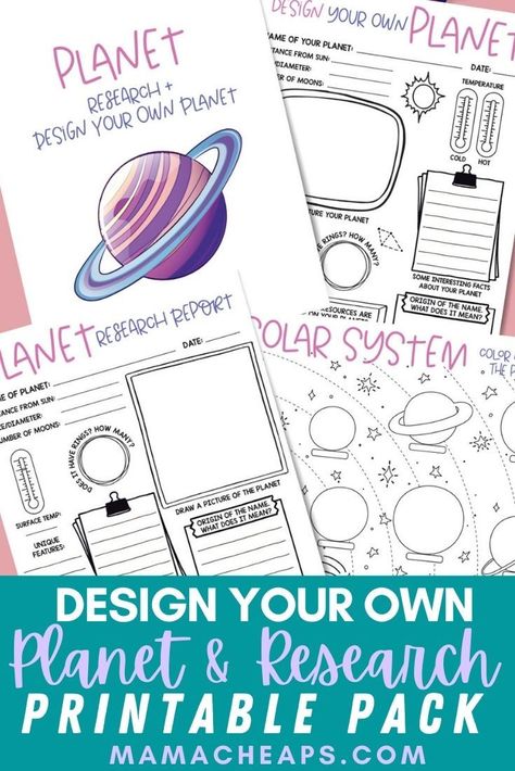 This printable pack is perfect for kids who love space! It would make a great activity for any students who are working on a unit that includes the planets and solar system! In this free printable pack, you will get a planet research page, a design your own planet page, and a blank solar system chart that kids can work on to reinfornce what they have learned! Head over to our blog to grab it. #science #stem #solarsystem #printable #mamacheaps Planet Research Template, Planets Worksheet Free Printable, Space Experiments, Space Lesson Plans Elementary, Planets And Stars, Create Your Own Planet, Space Stem Activities, Planets For Kids, Solar System Activities For Kids