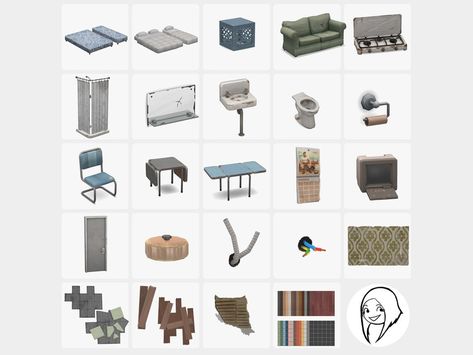 The Sims Resource - Patreon release - Cheap & Chipped - part 3: living room Living Room Sims 4, Bed Base Frame, Cheap Bathroom, Cheap Living, Crate Table, Cheap Mattress, Cheap Frames, Vintage Calendar, Cheap Bathrooms