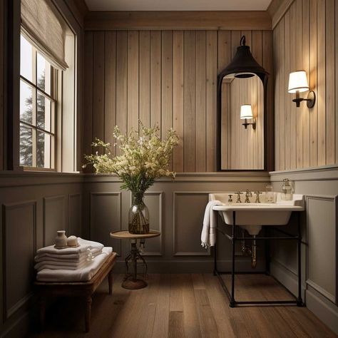 Step Up Your Bathroom Style with Fresh Wainscoting Ideas • 333+ Images • [ArtFacade] Powder Bath Trim Work, Panelled Walls Powder Room, Dark Waynes Coating Bathroom, Wood Paneled Powder Room, Half Bath Wainscoting Wallpaper, Plank Walls Bathroom, Brown Wainscoting Ideas, Light Wood Wainscoting, Powder Bathroom Art