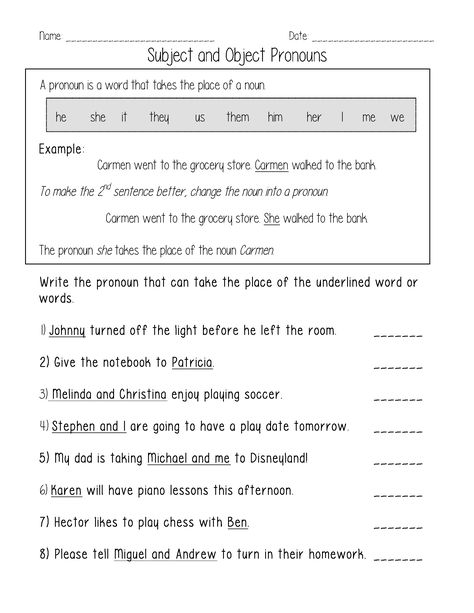 Subject and Object Pronouns Worksheet Object And Subject Pronouns, Free Pronoun Worksheets, Personal Pronouns Worksheets, Pronoun Activities, Subject Object, Object Pronouns, Possessive Pronoun, Adjective Worksheet, Nouns Worksheet