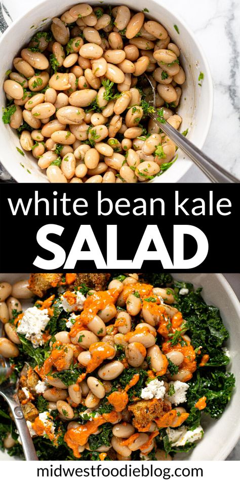 White Bean Kale Salad, Bean Kale Salad, White Bean Kale, Tomato Dressing, Crumbled Goat Cheese, White Bean Salad, Northern Beans, Croutons Homemade, Great Northern Beans