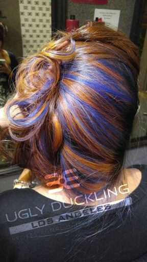 Copper orange & blue toner by ugly duckling color Ginger Blue Hair, Ginger Hair With Blue Highlights, Ugly Hair Color, Blue And Ginger Hair, Copper And Blue Hair, Ginger And Blue Hair, Blue And Orange Hair, Hair Dyed Underneath, Calico Hair