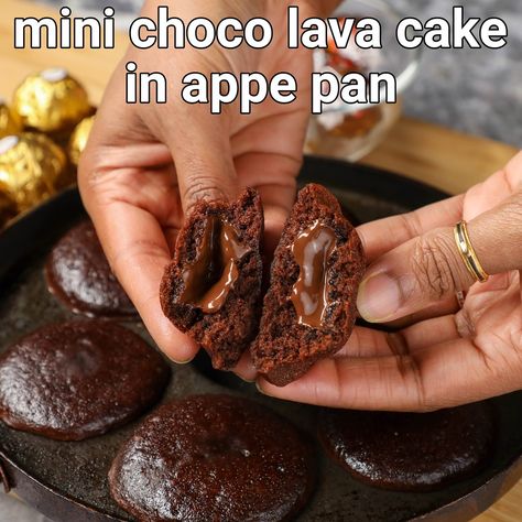 Hebbar's Kitchen - 10 minute mini choco lava cake in appam pan with 3 ingredients | eggless chcolate lava cake in appe pan Choco Lava Cake, Oreo Cake Recipe, Choco Lava, Eggless Chocolate Cake, Hebbar's Kitchen, Eggless Baking, Chocolate Lava, Chocolate Lava Cake, Lava Cake