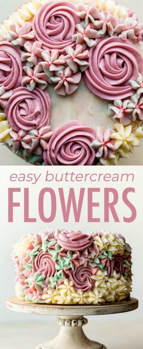 Easy Flowers On Cake, 6 In Birthday Cake Ideas, Easy Icing Flowers For Cake, Buttercream Icing Flowers, Simple Buttercream Flowers, Easy Cake Flowers, Easy Piped Flowers On Cake, 6 Inch Cake Decorating Ideas, Buttercream Flower Cake Birthday