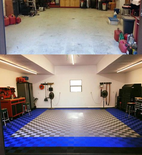 Jame's told us "The floor really made the makeover go from 'pretty nice' to 'very special.' " We love this floor! Tag someone who needs a garage makeover!#GarageFlooring #Makeover #DIY #GarageGoals #GarageFloorsFind out what tiles James used at: http://ow.ly/SBnc30kOJEI Garage Organizing, Garage Paint, Garage Boden, Garage Floor Paint, Garage Floor Tiles, Painting Tile Floors, Cool Garages, Mini Store, Garage Remodel