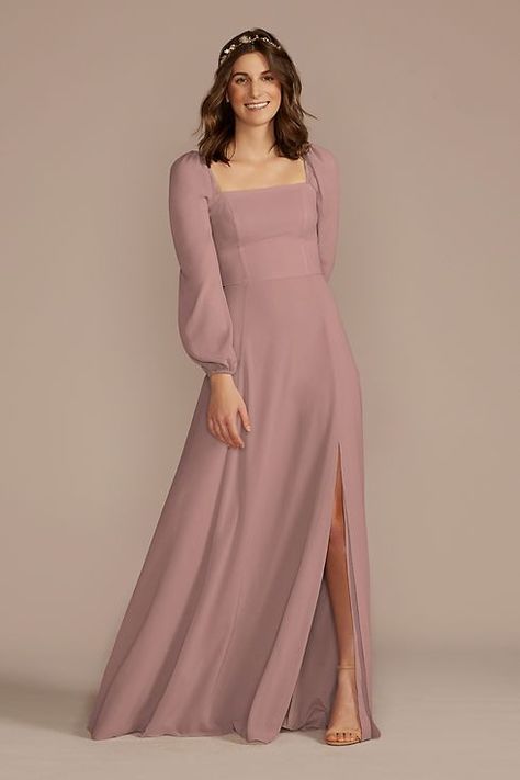 Long Sleeve Chiffon Bridesmaid Dress | David's Bridal March Wedding Guest Dress, Satin Dress With Sleeves, Bridesmaid Dresses Long Blue, Skirt Bridesmaid Dresses, Mauve Bridesmaid Dress, Pastel Bridesmaid Dresses, Empire Waist Bridesmaid Dresses, Mesh Bridesmaids Dress, Long Sleeve Bridesmaid Dress