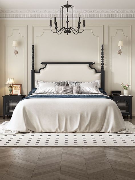 Headboard Pattern, Neo Classical Bedroom, Black And White Bed, Classical Bedroom, Bedroom Seating Area, Black Bed Frame, Luxury Living Room Decor, Black Bed, White Bed Frame