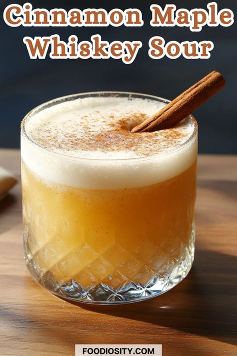 Warm up with the comforting flavors of cinnamon and maple in this unique twist on a classic Whiskey Sour! Perfect for fall and winter, this cocktail combines rich, spicy notes with a smooth, tangy finish. Click to get the full recipe and elevate your cocktail game with this seasonal favorite! Autumn Whiskey Cocktail, Fireball Whiskey Cocktails, Cinnamon Simple Syrup Cocktails, Fall Drinks With Whiskey, Winter Whiskey Sour, Tennessee Whiskey Cocktails, Maple Drinks Cocktails, Salty Caramel Whiskey Drinks, Maple Whiskey Cocktail