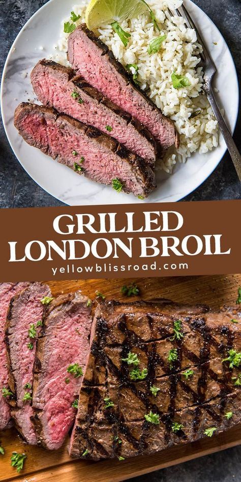 London Broil is a cut of beef that's marinated then and grilled over a high heat. This tender, juicy steak is a budget friendly yet classy weeknight meal. Biscuit Dinner, London Broil Marinade, Grilled London Broil, Recipes Hamburger, Bacon Dinner, London Broil Recipes, Eggs Dinner, Sausage Dinner, Vegetarian Salad