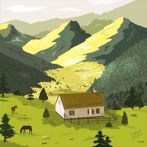 Mountain House Illustration, House In Mountains Painting, Winter Mountain Illustration, Mountains Illustration Art, Mountain House Drawing, Mountain Vector Illustration, Mountain Landscape Drawing, Cartoon Mountains, Quran Stories