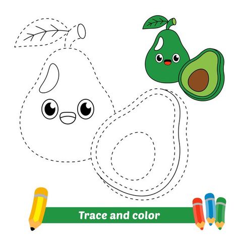 Trace and color for kids, avocado vector | Premium Vector #Freepik #vector #school #baby #book #kids Dragon Fruit Vector, Avocado Vector, Happy Birthday Friend Funny, Coconut Vector, Trace And Color, Color By Number Printable, Apple Vector, Free Kids Coloring Pages, Abc Coloring Pages