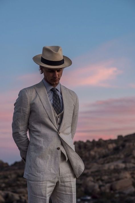 Dapper cream summer linen three piece suit  fedora blue white striped shirt striped gray tie   #suit #menswear #gentlemen #classy #menstyle #mensfashion #linen #fedora Tailor Design, Linen Suits For Men, Future Spouse, Prom Blazers, Suits Style, Best Suits, Suit Ideas, Linen Summer, Linen Suits