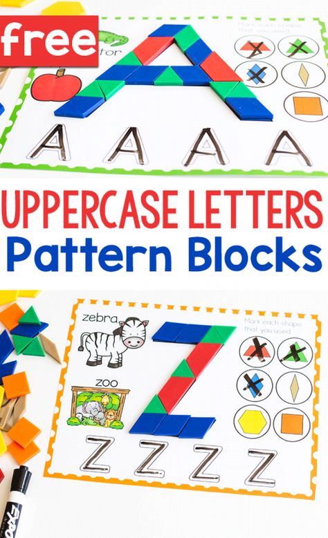 Free printable Uppercase Letter Pattern block mats for your preschool, pre-k and kindergarten literacy centers. Practice the writing the alphabet, identify beginning sounds of words, and form the uppercase letters of the alphabet with these engaging free mats. #freeprintable #alphabet #literacycenters #beginningsounds #kindergarten #prek #preschool #patternblocks #lifeovercs Geoboard Letters Free Printable, Alphabet Practice Preschool, Kindergarten Morning Tubs Free Printable, Alphabet Centers Kindergarten, Pattern Block Mats, Kindergarten Literacy Centers, Pattern Block Templates, Centers Kindergarten, Prek Literacy