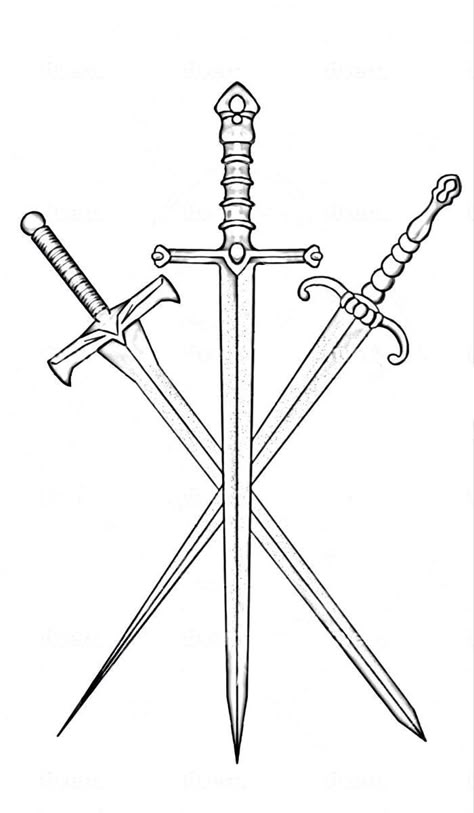 2 Swords Tattoo, Cross Swords Tattoo Design, Three Swords Tattoo Design, Swords Sketch, Three Swords Tattoo, Three Of Swords Tattoo, Gym Tattoo, Blade Tattoo, Stone Tattoo