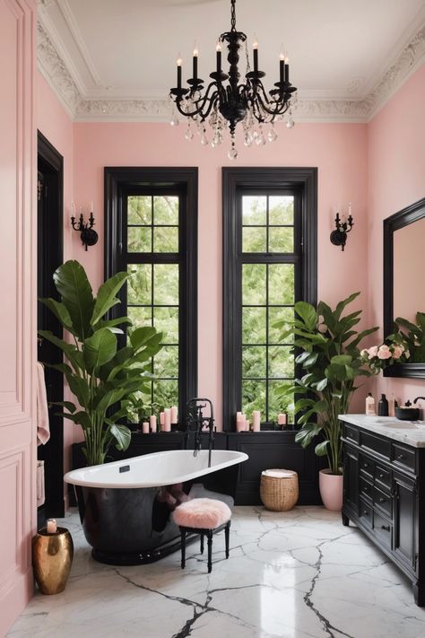 Powder Pink Bathroom, Black And Pale Pink Aesthetic, Black Pink Interior, Pink Accent Wall Bathroom, Pink Art Deco Bathroom, Black And Pink Interior Design, Black Bathtub Bathroom Ideas, Dive Bar Bathroom Aesthetic, Pink Black White Bathroom