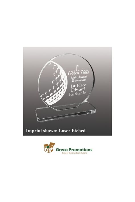 Celebrate every achievement with this stunning recognition piece! This golf themed award is laser etched on 3/8" acrylic. Proudly made in the U.S.A. Team Outing, Etched Acrylic, Trophy Case, Acrylic Awards, Laser Ideas, Custom Golf, Hole In One, Laser Etching, Golf Ball