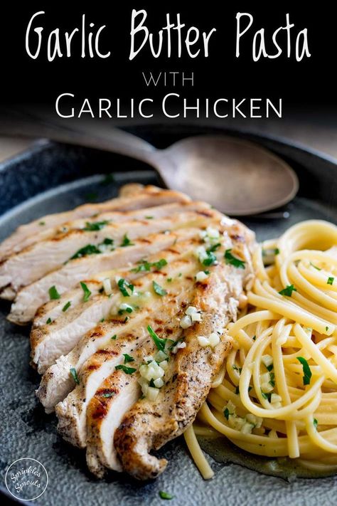 This Garlic Butter Pasta with Garlic Chicken is easy to make and is packed with plenty of buttery garlicky flavors. The simple Italian pasta is cooked with a delicious garlic butter sauce and has no cream in it. Served with juicy grilled chicken breasts, topped with more garlic butter, this is a family friendly dinner.  #chickenpasta #garlicpasta Simple Italian Pasta, Ayam Mentega, Garlic Butter Noodles, Garlic Butter Pasta, Pasta With Garlic, Juicy Grilled Chicken, Garlic Chicken Pasta, Easy Pasta Sauce, Resep Pasta