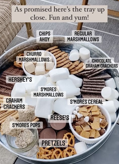 Glamping Ideas Food, S’mores Charcuterie Table, Spooky Bonfire Ideas, S’mores Bonfire Party, Smores Dessert Board, S’more Charcuterie Board Ideas, S’more Night Ideas, Smores Dip Charcuterie Board, S'more Charcuterie Board Ideas