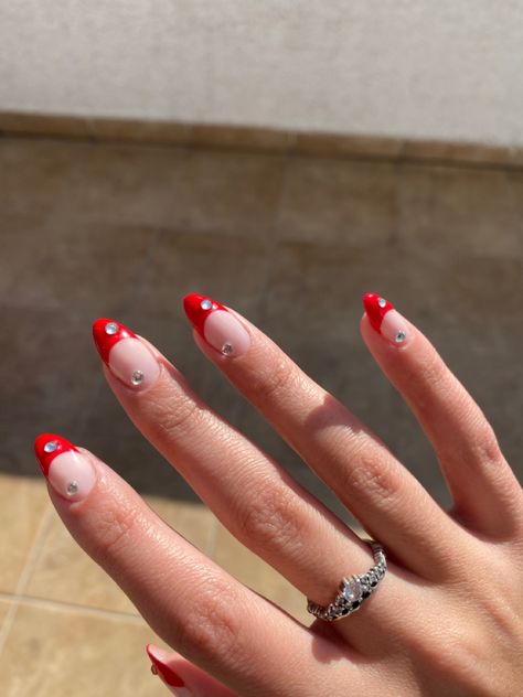 Red French With Diamonds, Red French Tip Nails With Diamonds, French With Diamonds, French Red Tip Nails, French Tip Nails With Diamonds, French Tip With Diamonds, French Nails With Diamonds, Nails Diamonds, Red French Nails