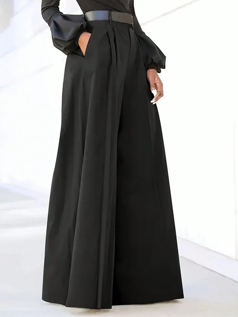 Solid Color Pocket Casual Loose Pants, Everyday Wear Black Elegant   Woven Fabric Plain Wide Leg Non-Stretch Fall,Spring/Fall Women Clothing, size features are:Bust: ,Length: ,Sleeve Length: Palazzo Pants Summer, Plus Size Wide Leg, Maxi Rok, Streetwear Mode, High Waist Wide Leg Pants, Black Wide Leg Pants, Blue Army, Loose Trousers, Moda Plus