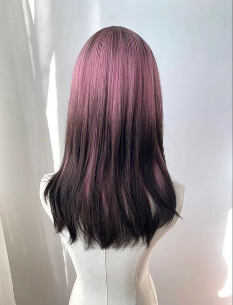 Pink Hair Tips Black, Subtle Pink Highlights In Black Hair, Black Hair Pink Ends, Black Hair Pink Tips, Pink Hair With Black Tips, Pastel Pink Streaks In Black Hair, Wolfcut Hair, Pink And Black Hair, Shot Hair Styles