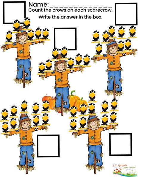 Simple counting 6-10 fall worksheet for prek! Free! Just download image and print from Lil Sprouts Home Preschool. Look for my matching counting 1-5 worksheet. Happy Teaching! Autumn Preschool Theme, Fall Worksheets, Pre K Worksheets, Fall Preschool Activities, Fall Preschool, Preschool At Home, Nanny, Scarecrow, Autumn Theme