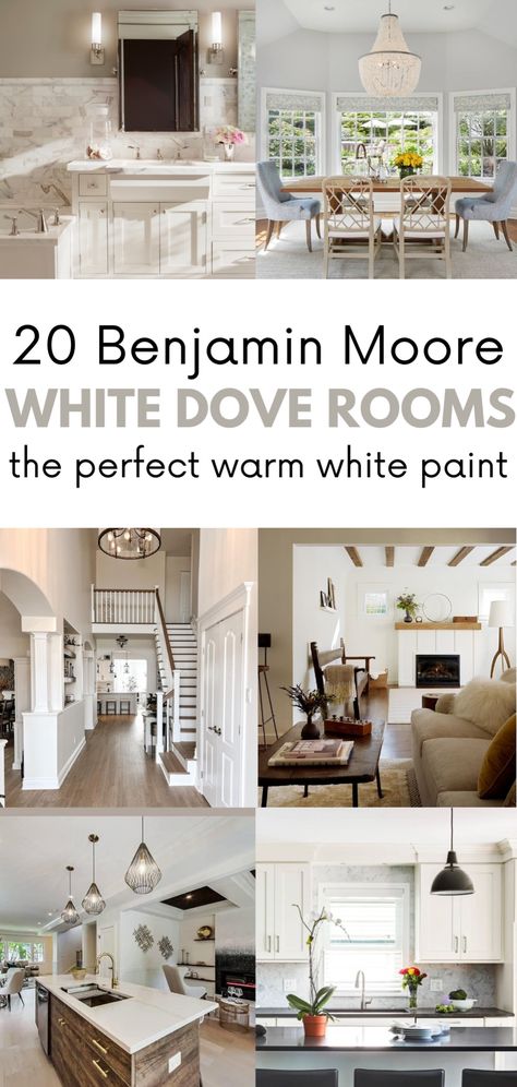 Searching for the perfect warm white paint for your walls, kitchen cabinets, living room, bedroom, and kitchen? Benjamin Moore White Dove is the way to go! Explore 19 rooms painted in White Dove, plus coordinating colors and palettes. Home décor tips, home décor style White Dove Oc-17 Benjamin Moore, Wall Color With White Dove Cabinets, White Dove Trim And Walls, White Dove Living Room Walls, White Dove Walls With Chantilly Lace Trim, Bm White Dove Cabinets, White Dove Kitchen Walls, White Dove Benjamin Moore Living Room, White Dove Living Room