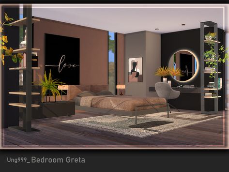 Sims 4 — Bedroom Greta by ung999 — A modern bedroom set with 11 new objects included : Ceiling Spot Light Bed Double Sims Modern Bedroom, Modern Bedroom Sims 4, Sims 4 Ung999, Sims 4 Master Bed Ideas, Sims Bedroom Ideas, Sims 4 Cc Bedroom Sets, The Sims 4 Bedroom, Bedroom The Sims 4, Sims 4 Bedroom Ideas