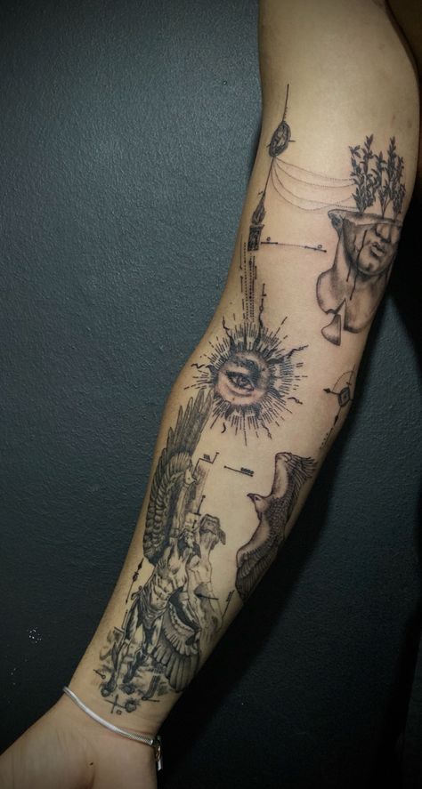 Esoteric Tattoo Sleeve, Philosophical Tattoos, Realism Sleeve Tattoo, Inner Arm Tattoo For Men, Male Arm Tattoos, Micro Realism, Underarm Tattoo, Left Arm Tattoos, Simple Tattoos For Guys