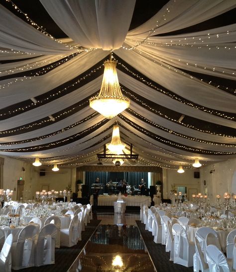 The striking ceiling swags and chandeliers of The Grand Ballroom in Adelaide. www.houseofthebride.com.au Ballroom Ceiling, Ceiling Swag, Reception Ceiling, Adelaide Wedding, Wedding Ceiling, Party Hall, Grand Ballroom, Ceiling Treatments, Venue Decorations