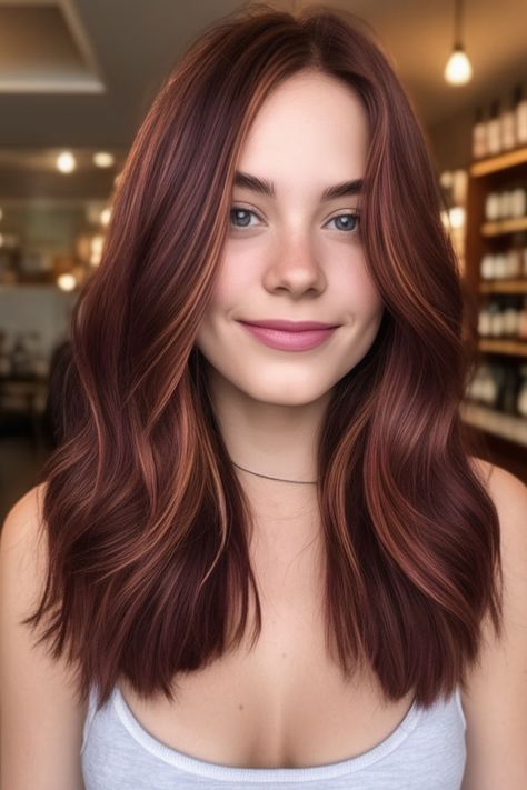 Mahogany Chestnut with Copper Highlights, fall hair colour Mahogany With Highlights, Mahogany Hair With Highlights, Copper Chestnut Hair, Butterscotch Hair Color, Fall Hair Colour, Butterscotch Hair, Mocha Color Hair, Hair Colour Ideas, Mahogany Hair