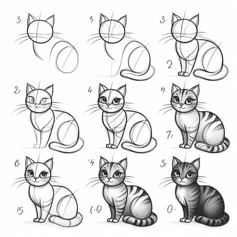 How To Draw Cats Step By Step, Cat Sketch Tutorial, Simple Cat Drawing, Sketch Tutorial, Draw A Cat, Pop Art Cat, Cat Drawing Tutorial, Cats Art Drawing, Easy Animal Drawings