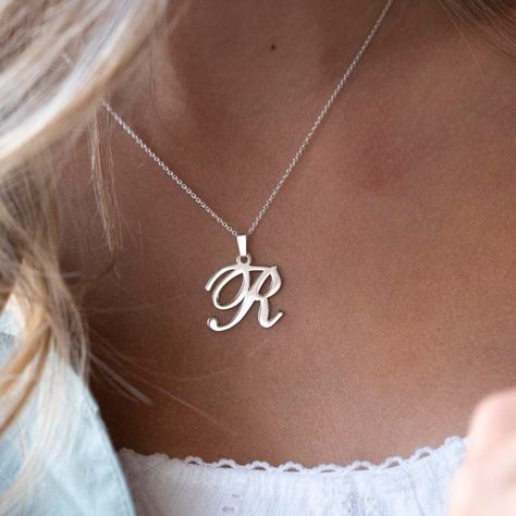 "♥This large Initial Pendant is the perfect accessory for any girl with a simple yet stylish fashion sense! the initial necklace is a real statement piece and a perfect gift for her. ♥HOW TO ORDER: Please write the initial you would like engraved as well as the desired length for the chain when placing your order. Remember to supply your FULL ADDRESS so I can ship your product out as soon as it is ready and gift-wrapped. ♥SIZE & MATERIALS: - Style: Large Initial Necklace - Material: sterling sil Cursive Letter Necklace, Large Initial Necklace, Cursive Initial Necklace, I Want To Wear His Initials On A Chain, Necklaces With Letters, Tous Necklace, R Initial Necklace, E Initial Necklace, A Initial Necklace