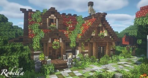 Mc Cottage, Minecraft Fairycore, Aesthetic Minecraft House, Mc Houses, Big Minecraft Houses, Big Aesthetic, Minecraft Medieval House, Minecraft Templates, Minecraft Addons