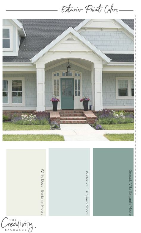 How to choose the right exterior paint colors. #paint #exterior Two Tone Grey House Exterior, Aqua Exterior House Paint, Grey Outdoor House Paint, Painting Outside Of The House, Home Paint Exterior, Light Blue House Exterior Colour Schemes, House Colour Exterior, House Front Colour Combination, Exterior House Colors Farmhouse