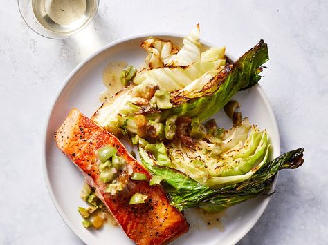 One-Pan Salmon With Roasted Cabbage and Olive Vinaigrette Olive Vinaigrette, Cabbage And Carrots, Pan Salmon, Mustard Salmon, Carrots Recipe, Roasted Cabbage, Vinaigrette Recipes, Pan Recipes, Carrot Recipes