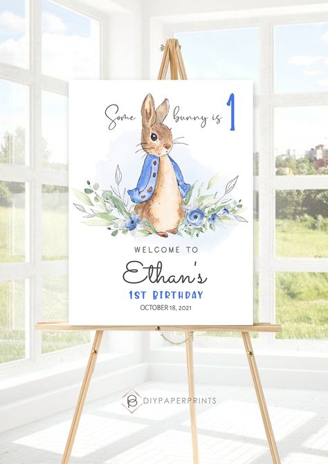 Peter Rabbit Decorations, Rabbit Decorations, First Birthday Sign, Peter Rabbit Birthday, Rabbit Birthday, Birthday Welcome Sign, Blue Peter, Rabbit Decor, Baby Shower Welcome Sign