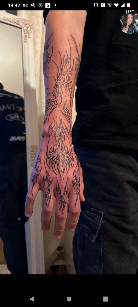 Hand Cybersigilism, Black And Red Hand Tattoo, Alt Sleeve Tattoos, Color Tattoos Men, Arm Cybersigilism Tattoo, Hand Tattoos Cybersigilism, Neo Tribalism Tattoo Hand, Cybersigil Tattoo Arm, Modern Tribalism Tattoo