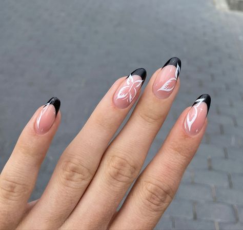 black french and white butterflies nials inspo ❁ཻུ۪۪♡ Black Nail Designs With Butterflies, Black French Tip Nails Butterfly, Black Butterfly Nails Almond, French Tip Nail Ideas Almond, French Nails With Butterfly, Butterfly Nails Black, Butterfly Almond Nails, Black Butterfly Nails, Cute Almond Nails