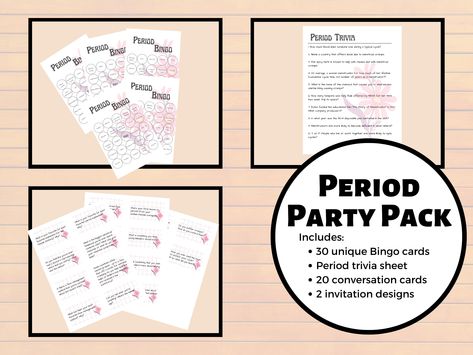 Excited to share this item from my #etsy shop: Period party pack, gift for girl who’s starting her period, period bingo, conversation cards, gift for teen, gift for tween, trivia sheet Period Party, Conversation Cards, Trivia Questions, Wild Woman, Unique Words, Period, Bingo Cards, Party Packs, Hush Hush