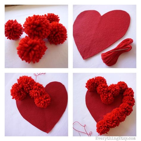 Pom Pom Heart Pillow Tutorial 2 Pompon Diy, Saint Valentin Diy, Valentines Bricolage, Diy Pom Poms, Valentine's Day Crafts, Pom Pom Rug, Pom Pom Pillows, Boyfriend Crafts, Diy Pom Pom