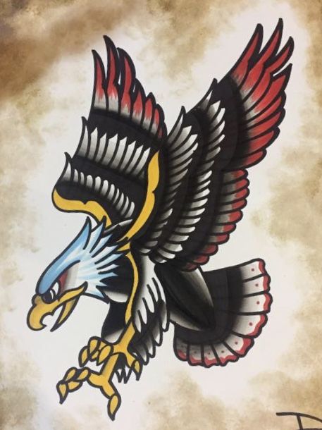 Traditional Eagle Tattoo Leg, Neo Traditional Eagle Tattoo Design, American Traditional Eagle Tattoo Design, Wedgetail Eagle Tattoo, Traditional Eagle Flash, Eagle Tattoo Color, Eagle Wolf Tattoo, American Traditional Tattoos Eagle, Neo Traditional Eagle Tattoo