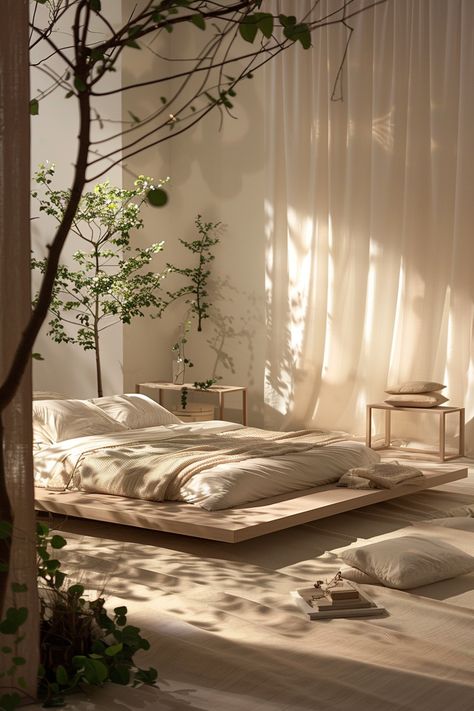 Create a rustic retreat with these 20 organic modern bedroom ideas. Infuse cozy comfort into your space with organic textures, warm hues, and minimalist accents for a welcoming ambiance. #RusticRetreat #CozyComfort #OrganicModern Bedroom Inspiration Cozy Minimalist, On Floor Bed Ideas, Organic Rustic Bedroom, Japanese Interiors Minimalistic, Organic Apartment Decor, Zen Minimalist Bedroom, Rustic White Bedroom Ideas, Minimal Room Bedroom, Interior Inspo Bedroom